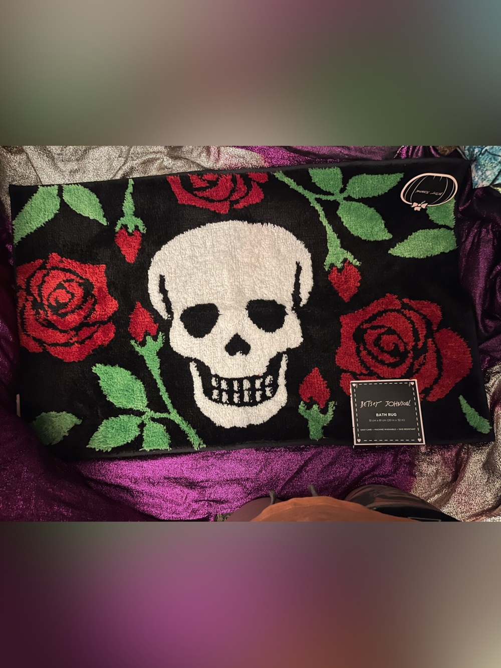 Betsey Johnson Black bath mat with White Skull and Red Roses